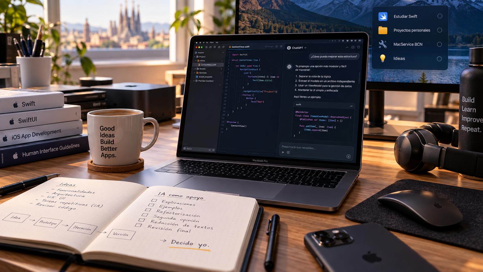 Escritorio con un MacBook Pro abierto con Xcode y ChatGPT, y un cuaderno con notas manuscritas sobre el uso de la IA