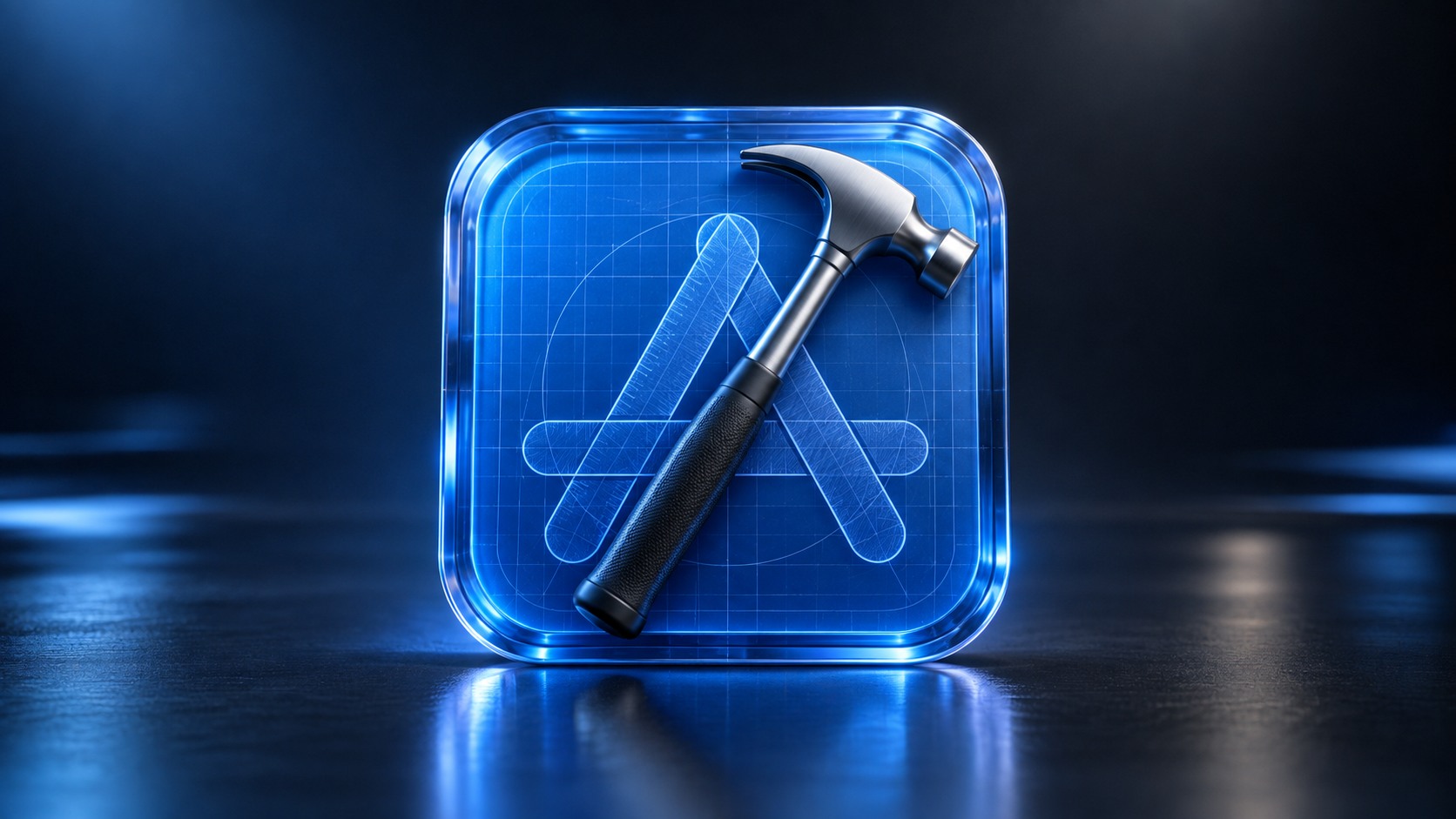 Ilustración editorial de Xcode 27 con icono azul y herramientas de desarrollo