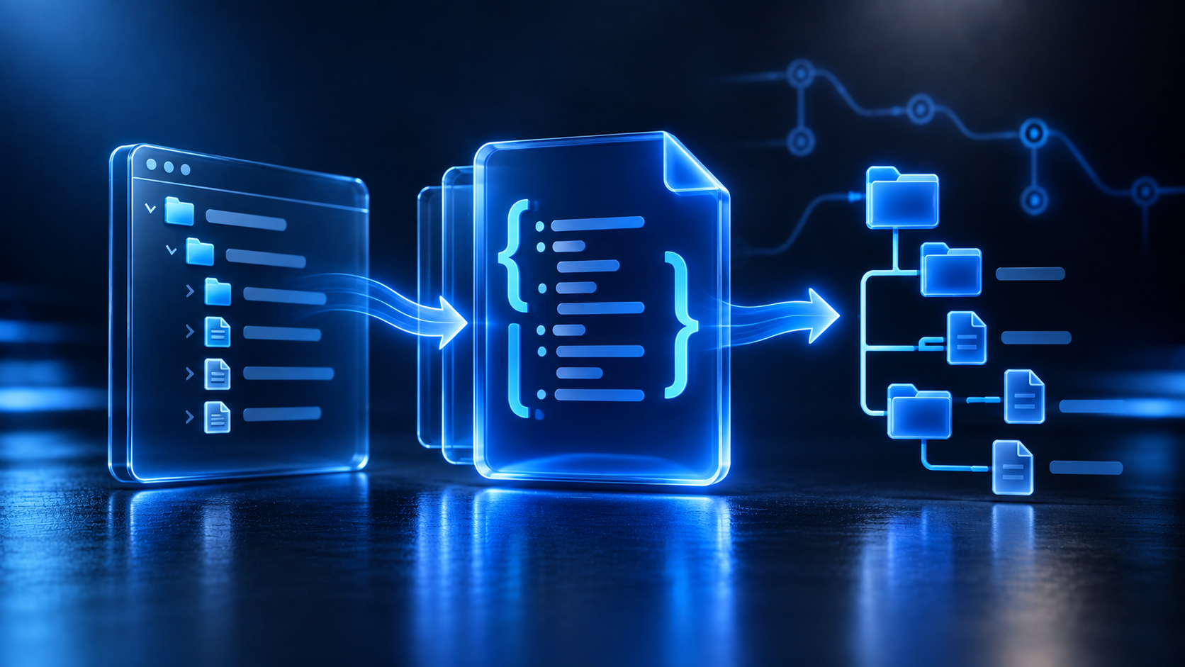 Ilustración editorial de un archivo JSON que organiza la configuración de un proyecto de Xcode